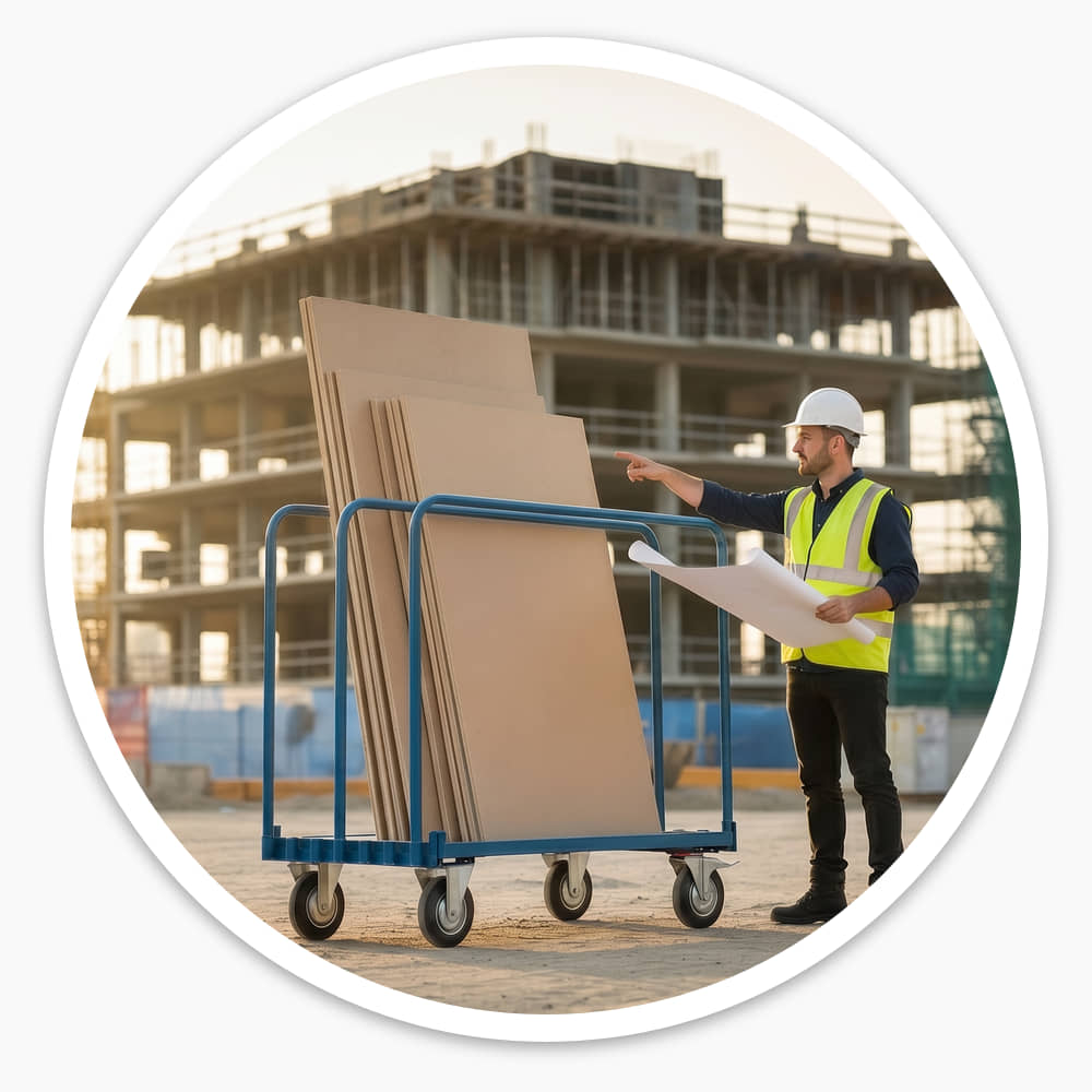 Site engineer beside a Sheet Material Trolley holding tall boards upright on a construction site
