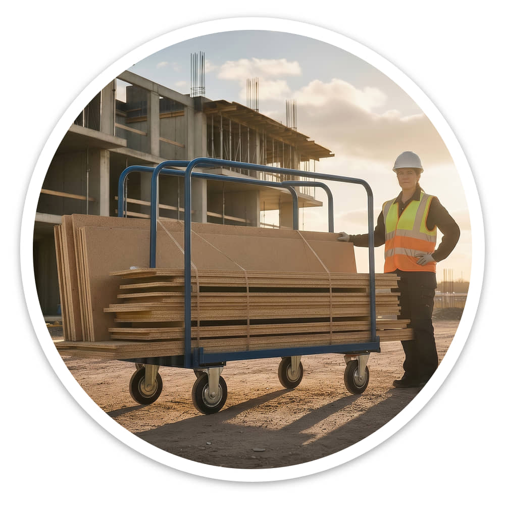 Sheet Material Trolley loaded with a heavy stack of boards, with a site worker beside it