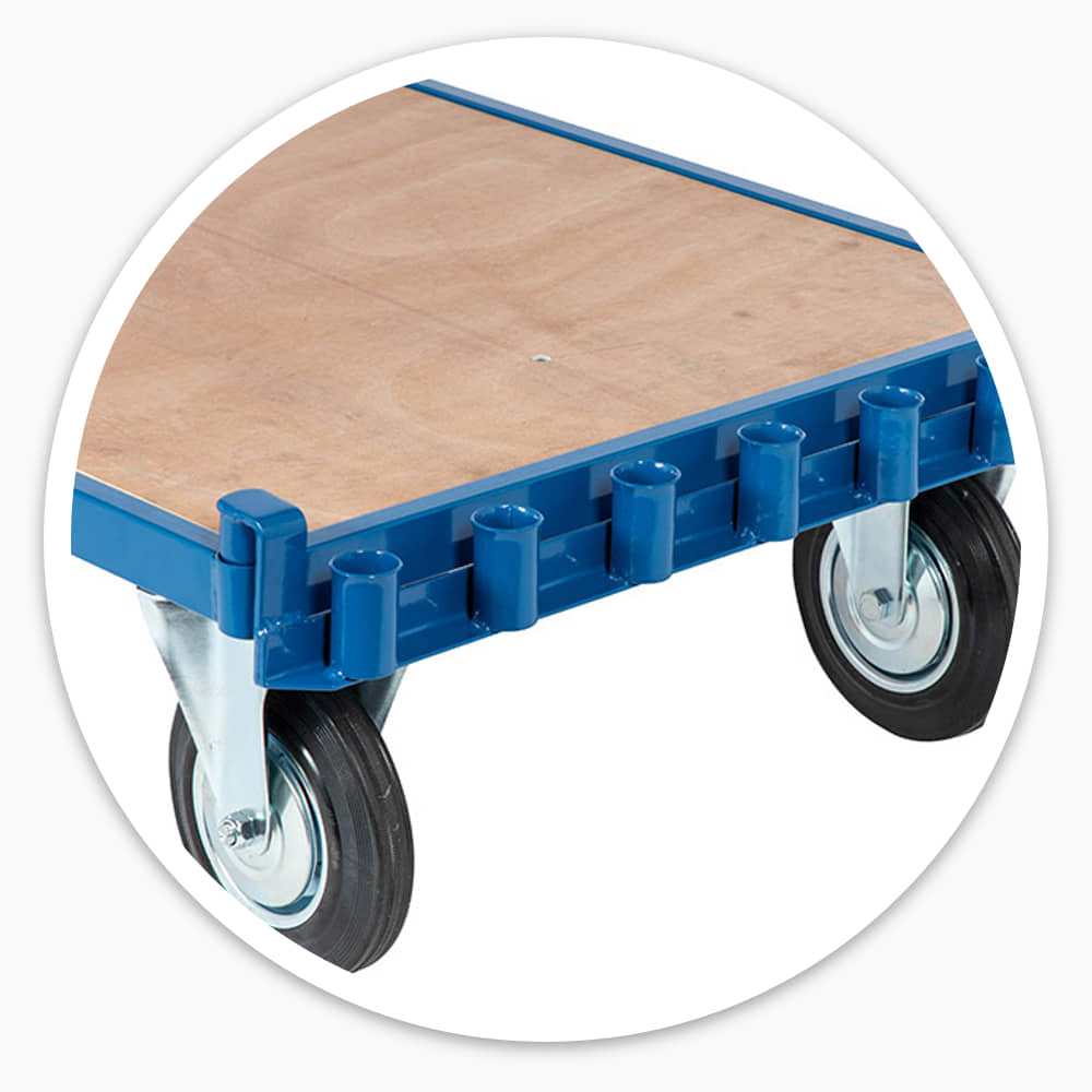 Close-up of the Sheet Material Trolley's plywood deck in its blue steel frame with upright sockets
