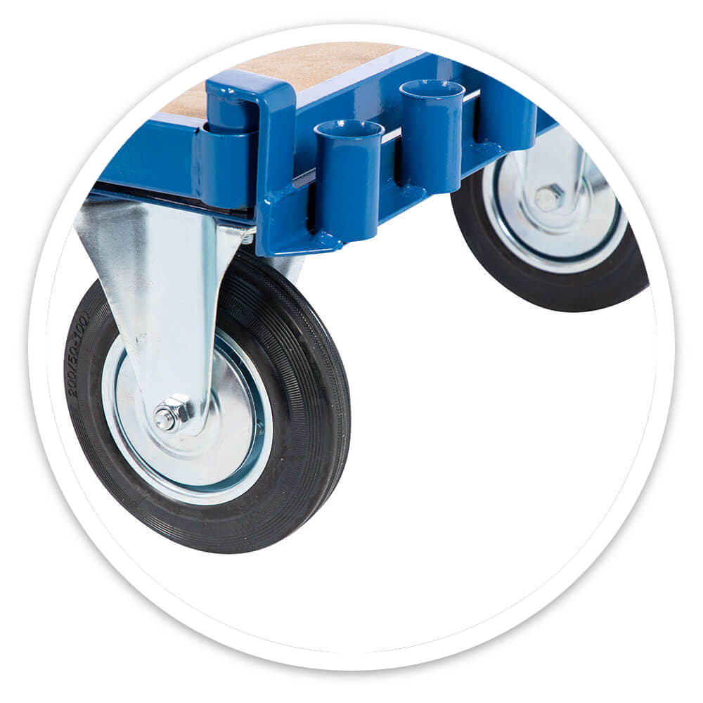 Close-up of the Sheet Material Trolley's 195mm solid rubber wheels with steel centres