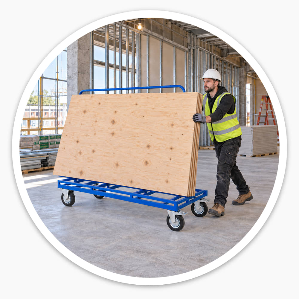 Site worker in hi-vis pushing a blue board trolley loaded with plywood sheets across a building site