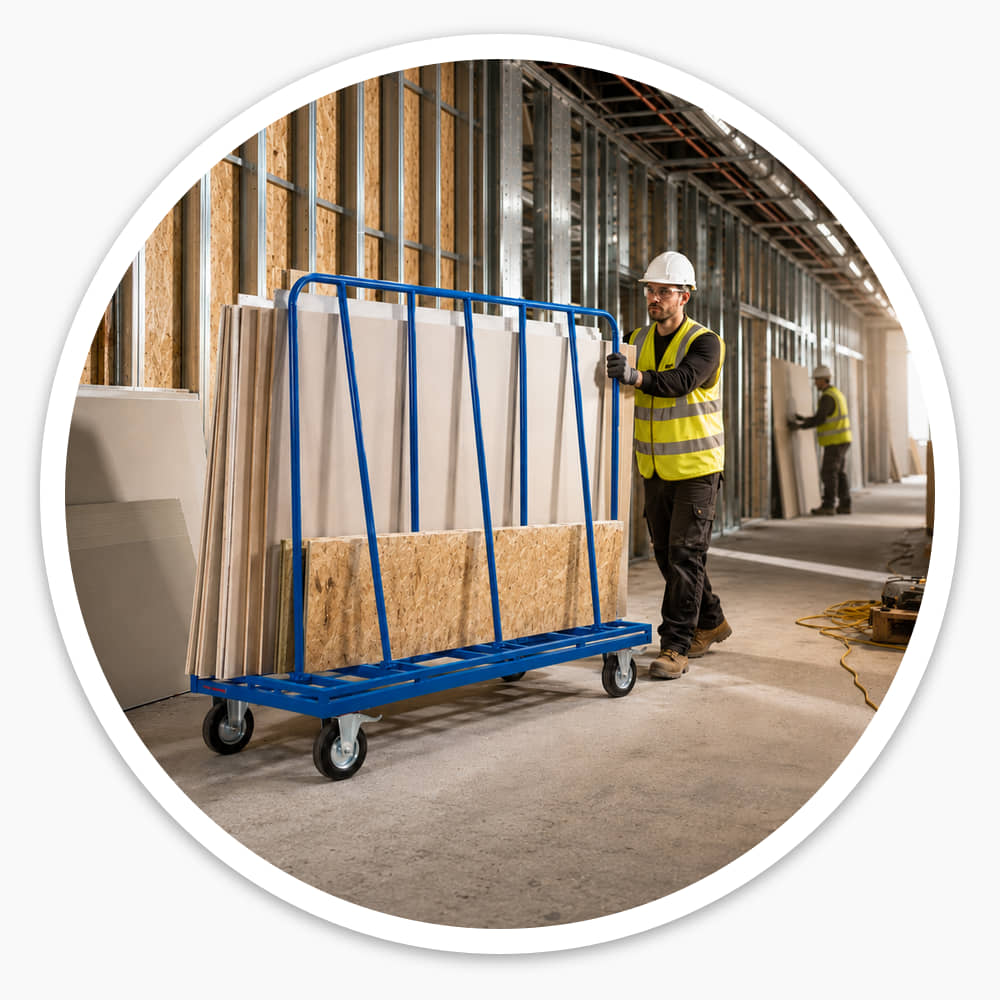 Worker wheeling a blue board trolley carrying a full stack of plasterboard and OSB through a building site