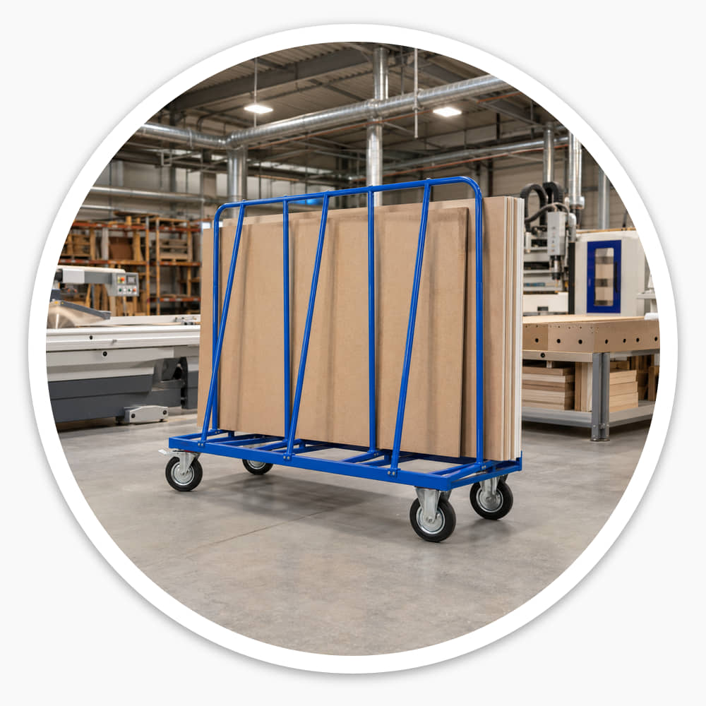 Blue welded steel board trolley loaded with MDF sheets in a joinery workshop