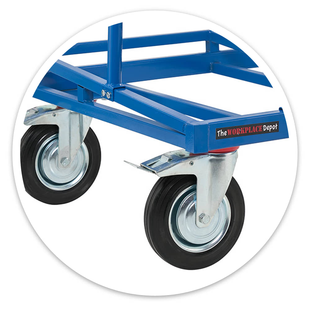 Close-up of the board trolley's 200mm black rubber swivel castors with brakes under the blue steel frame