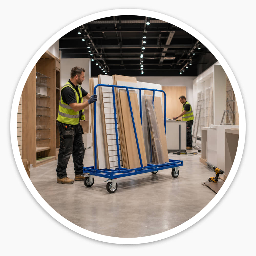 Shopfitter moving a blue board trolley loaded with wall panels and timber sheets through a retail fit-out
