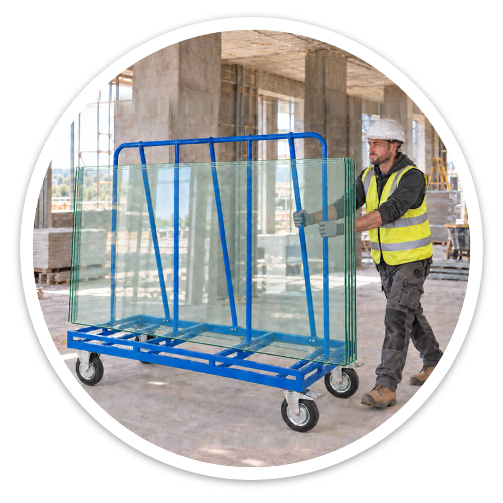 Worker steadying several large glass sheets on a blue board trolley on a construction site