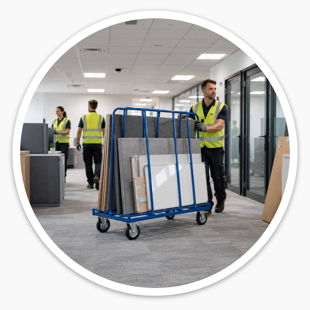 Facilities worker pushing a blue powder-coated board trolley with panels through a modern office