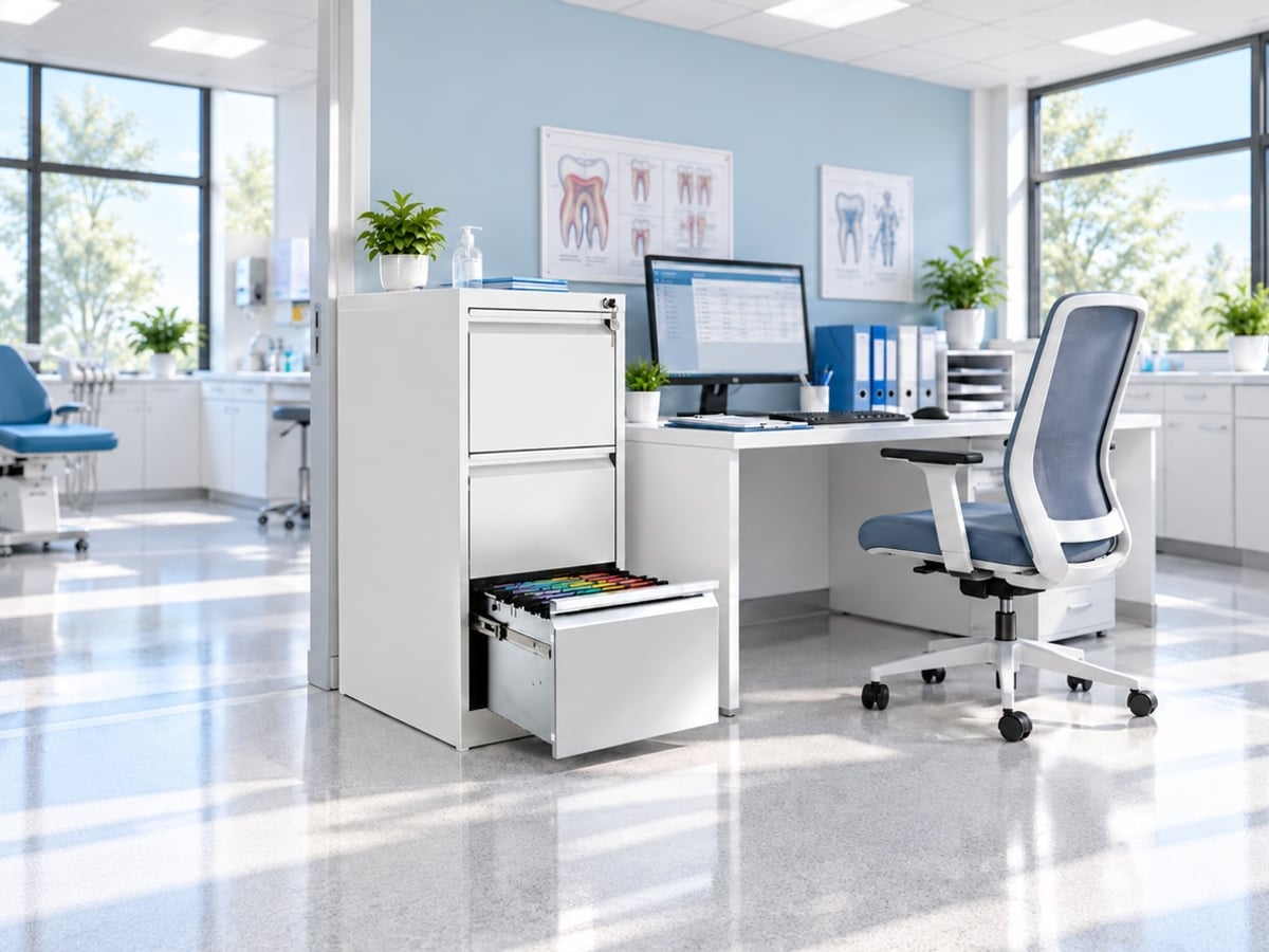 Lockable white 3 drawer filing cabinet in a clinic office, used for keeping confidential records secure