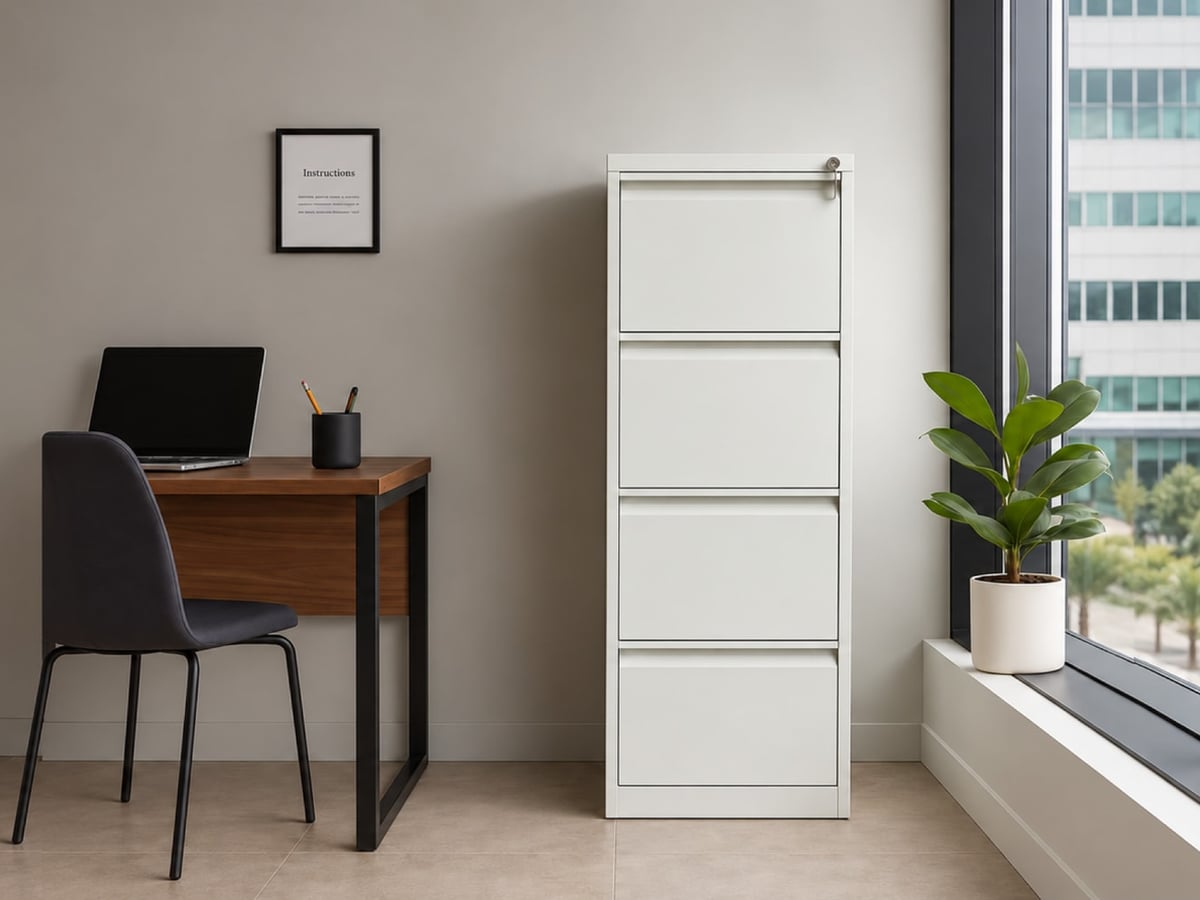 4 drawer white steel filing cabinet beside a desk and window in a bright, modern office