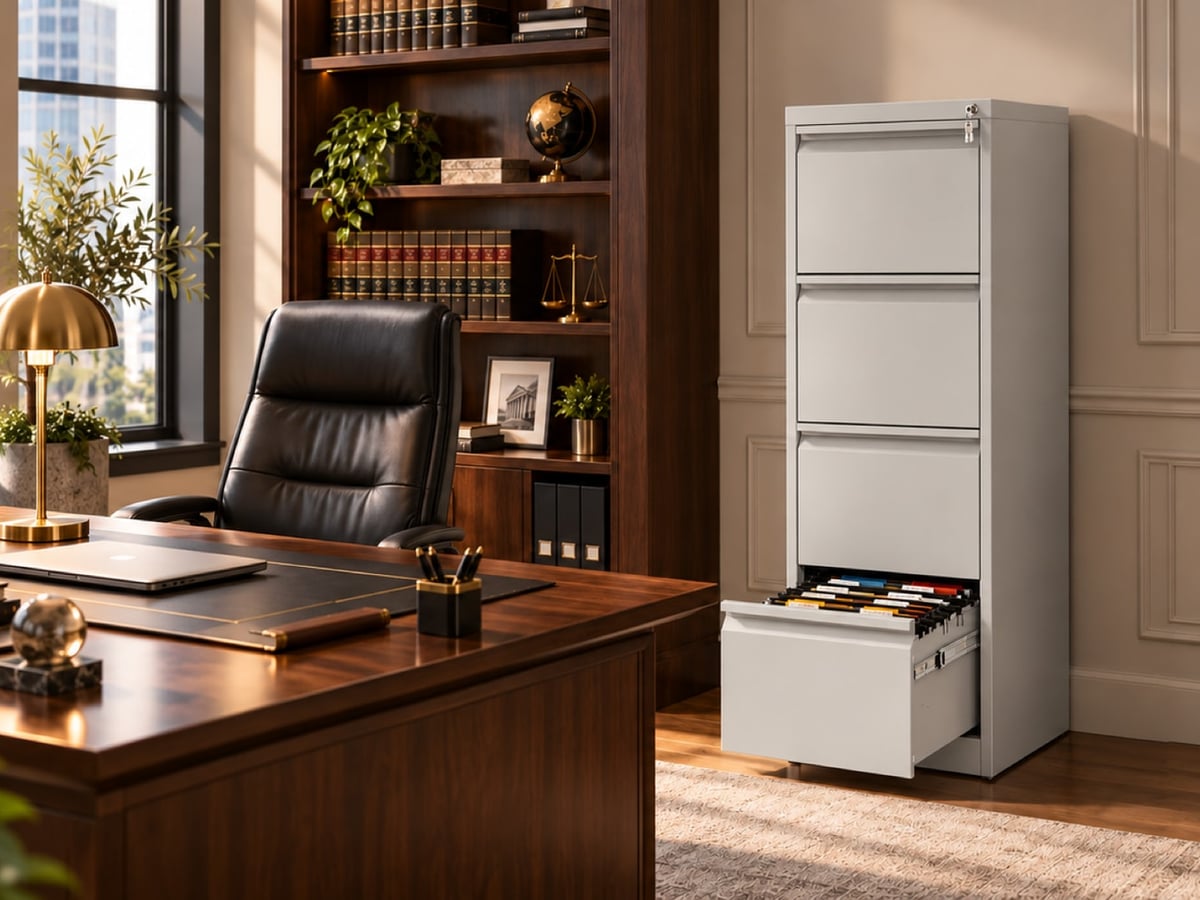 4 drawer white steel filing cabinet with its bottom drawer open on hanging files, beside an executive desk