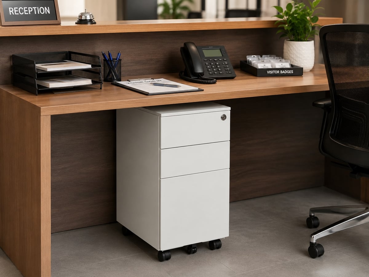 White three-drawer under desk drawer on castors beneath a wooden reception desk, beside an office chair, with a phone on top