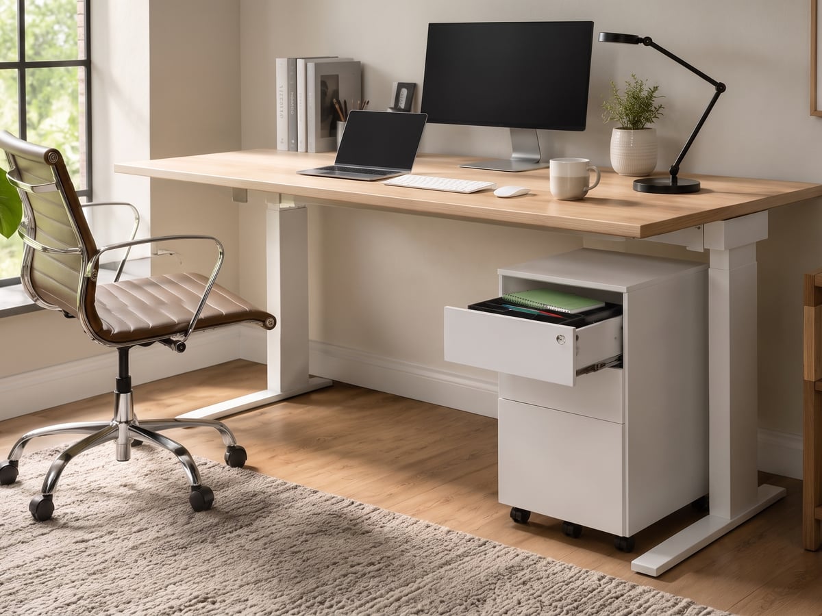 White 3 drawer mobile pedestal with top drawer open showing files, beside a desk in a bright office