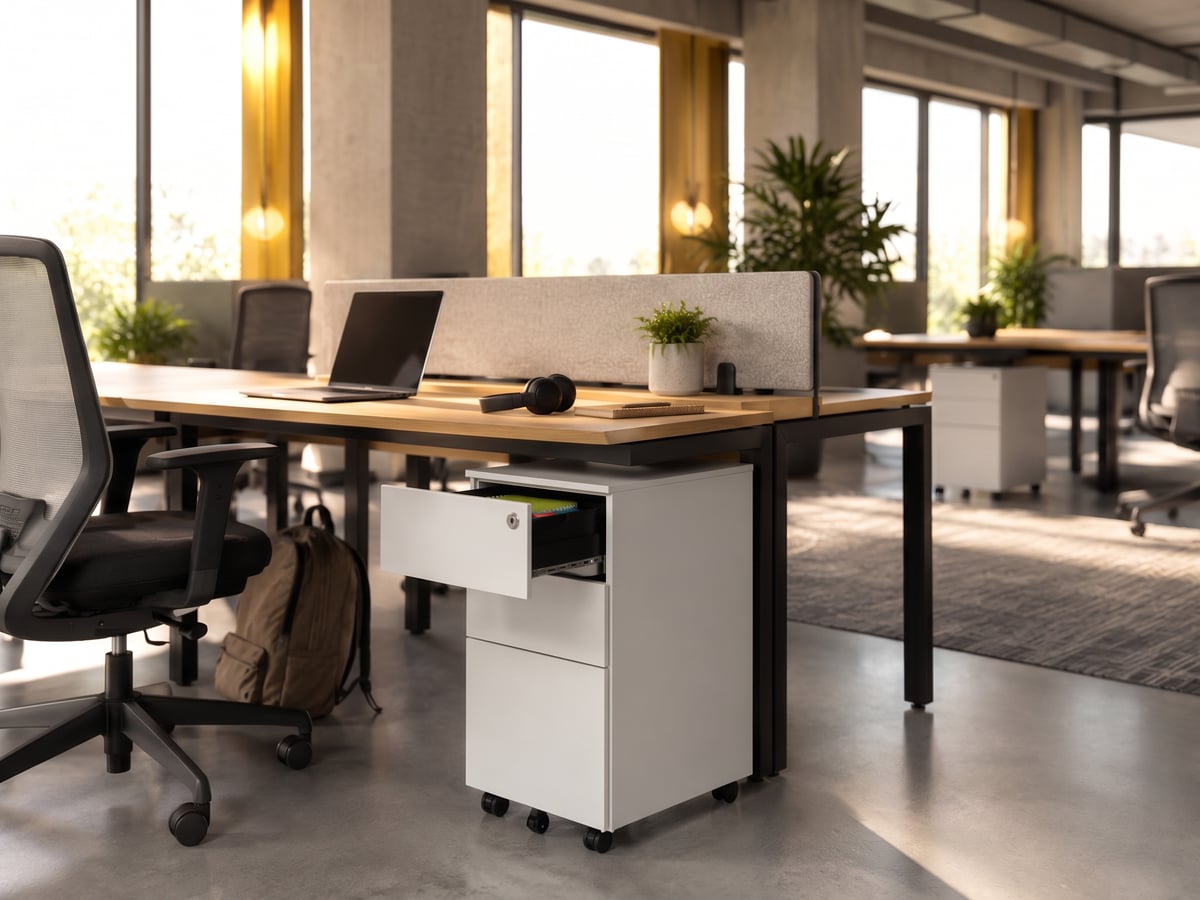 Slim white 3 drawer mobile steel pedestal under bench desking in a bright open-plan office