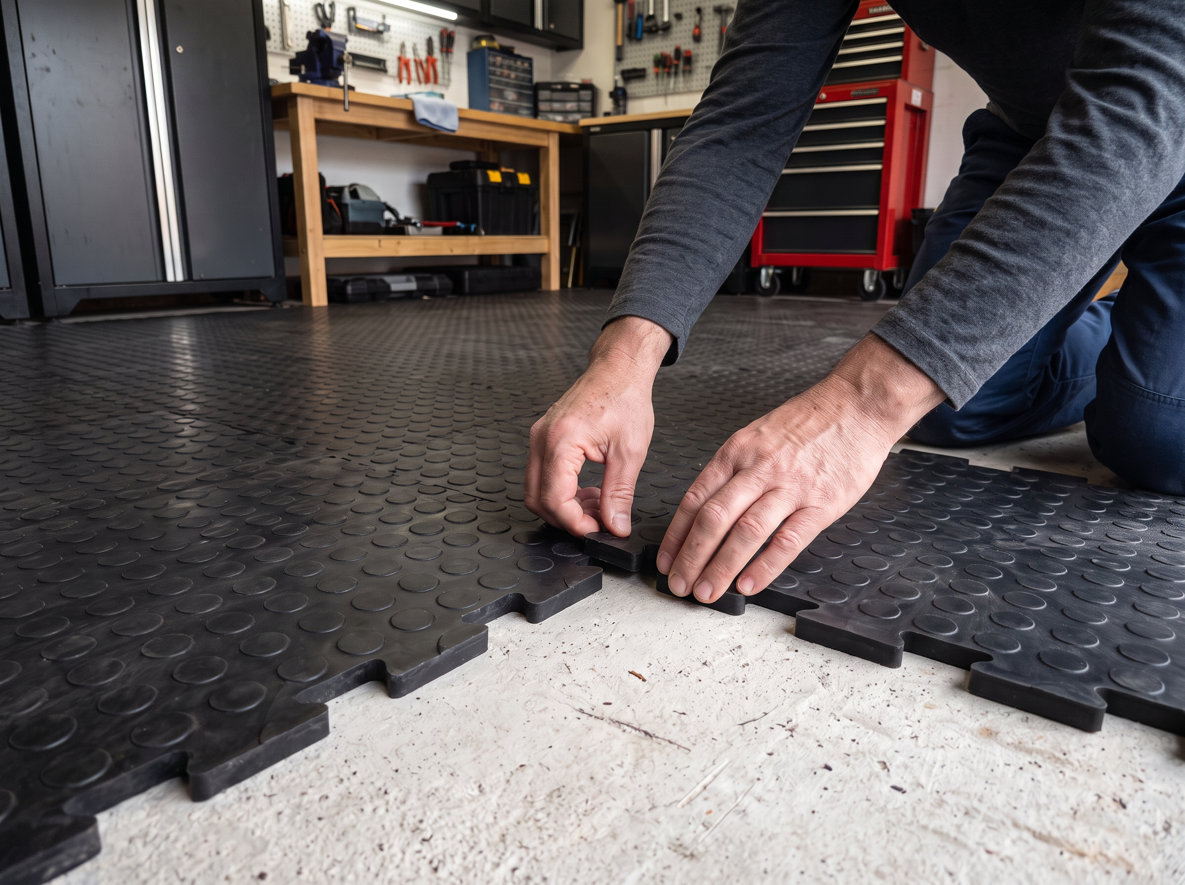 Hands fitting black dotted interlocking floor tiles in a workshop