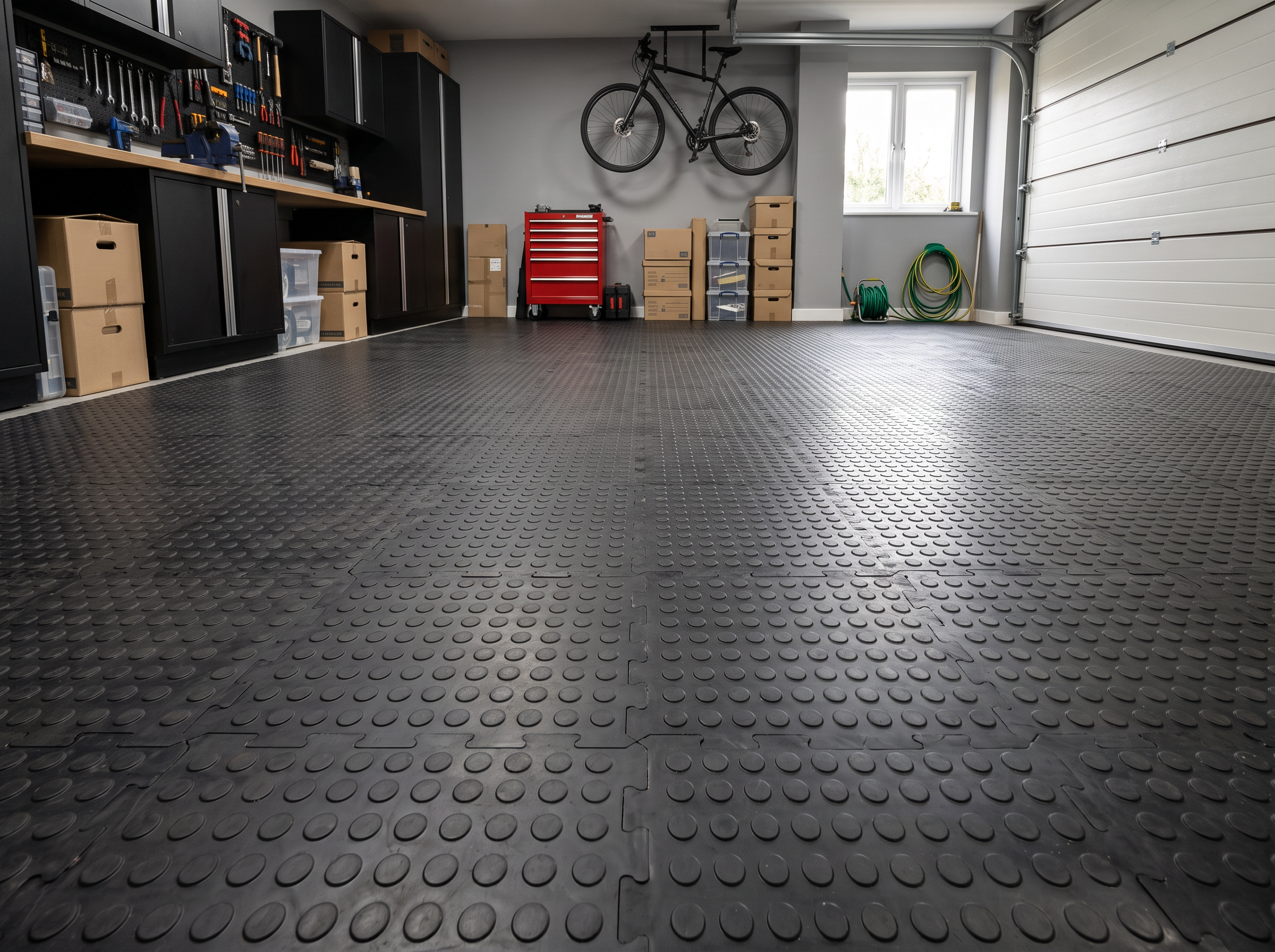 Garage with black dotted flooring and wall-mounted bicycle