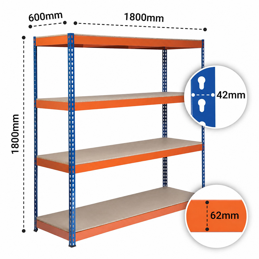 Garage Racking System - 3x Bay Kit, 4,800kg Total Capacity, 1800 x 1800 x 600mm Per Bay