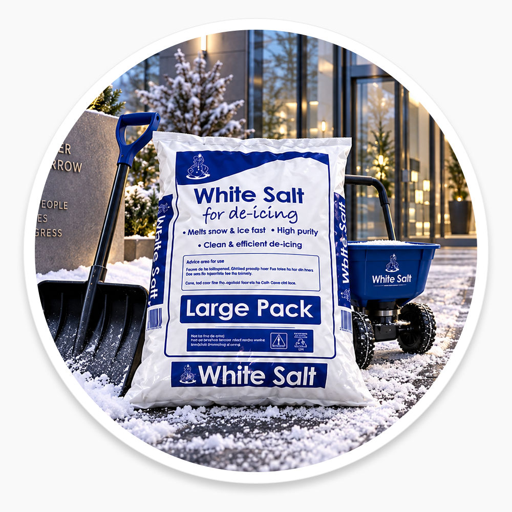 White de-icing salt outside a business entrance