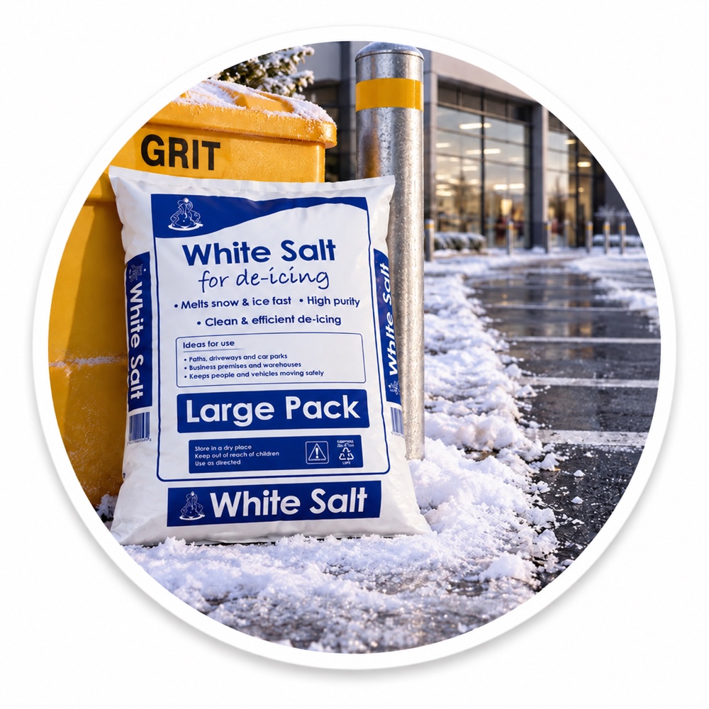 White de-icing salt beside a grit bin at a business park