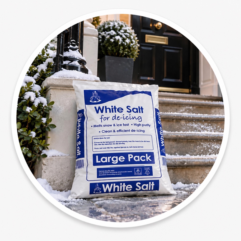 White de-icing salt beside outdoor entrance steps