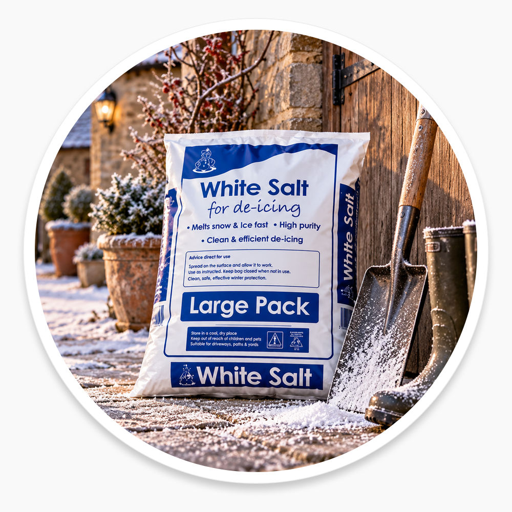 White de-icing salt beside a snowy stone pathway