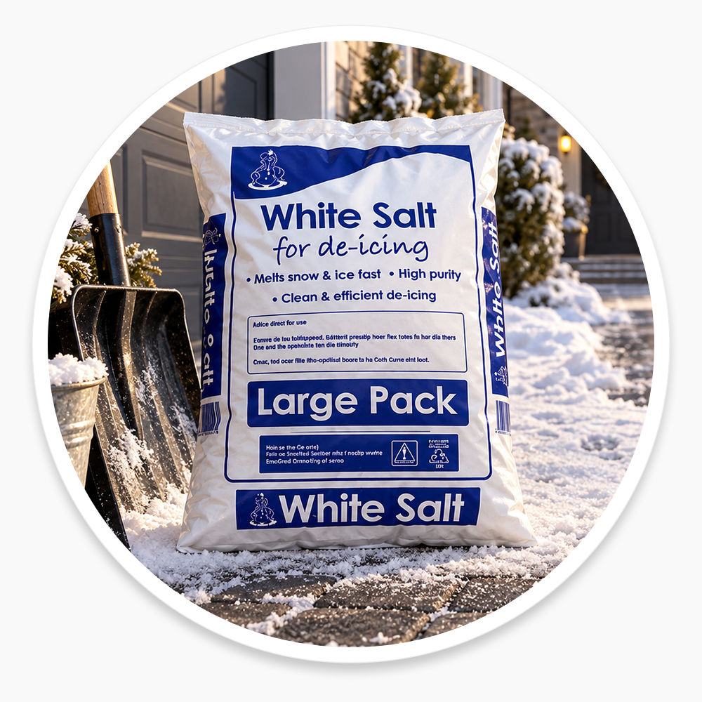 White de-icing salt beside a winter driveway