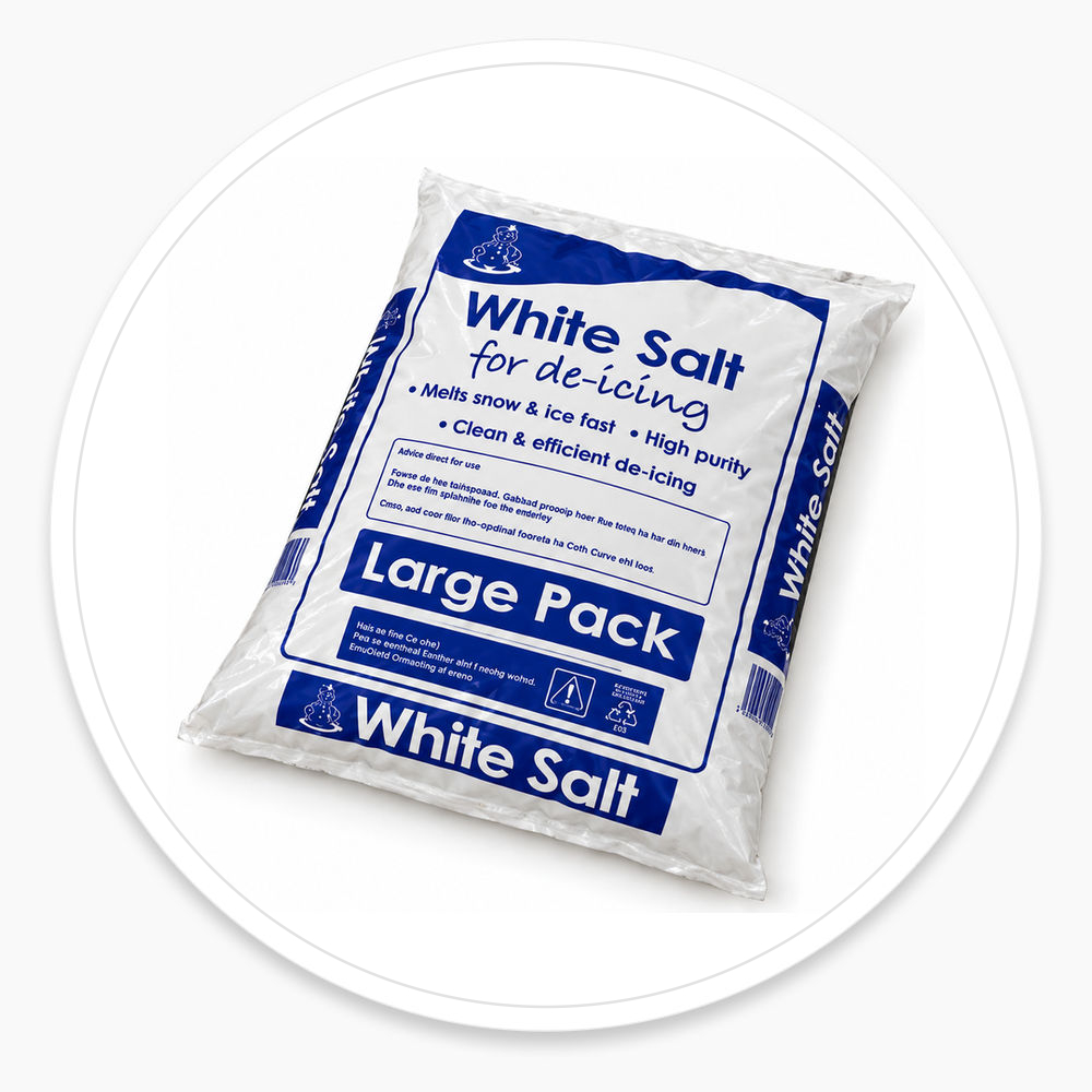 White de-icing salt bag laid flat, viewed from above