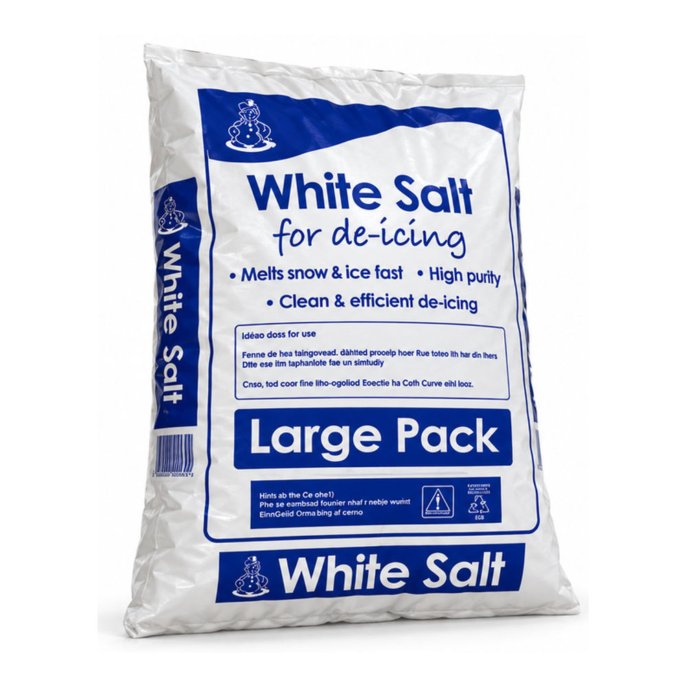 Full white de-icing salt bag viewed from a three-quarter angle