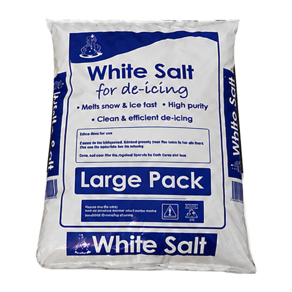 White de-icing salt in a single sealed bag