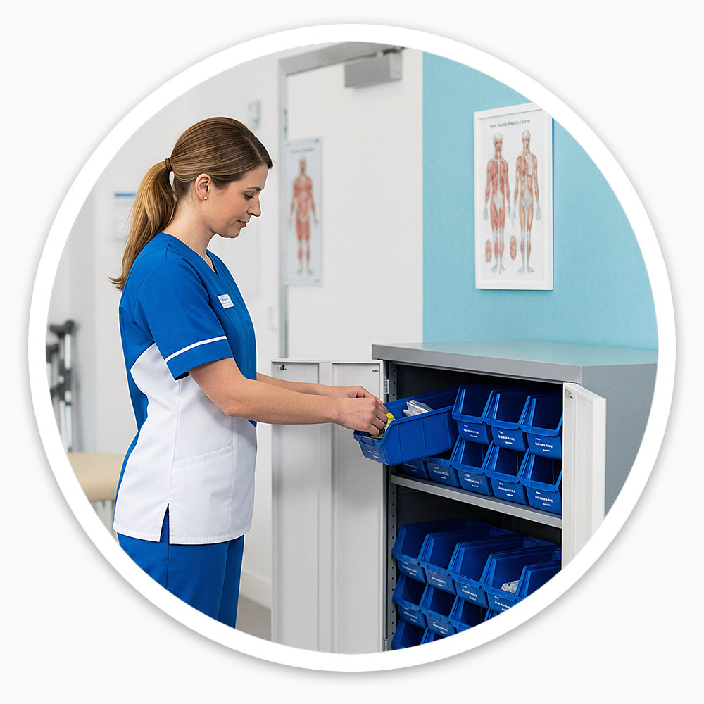 Storage Cabinet with Plastic Bins