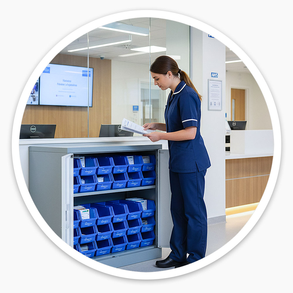 Storage Cabinet with Plastic Bins