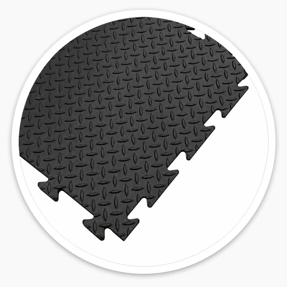 Black interlocking checker plate vinyl floor tiles